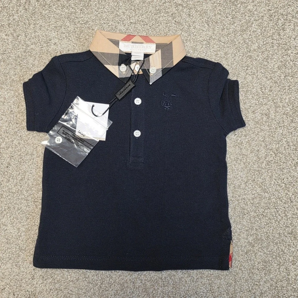 Burberry Infant Boys 6M Navy Polo Shirt Taupe Nova Check Cuff Pants 2pc Set NWT